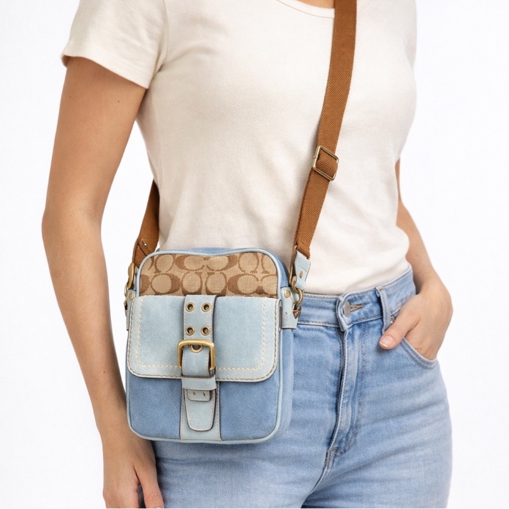Coach 7062 Y2K Blue Suede & Signature Canvas Crossbody Rare Colorblock EUC - Picture 2 of 11